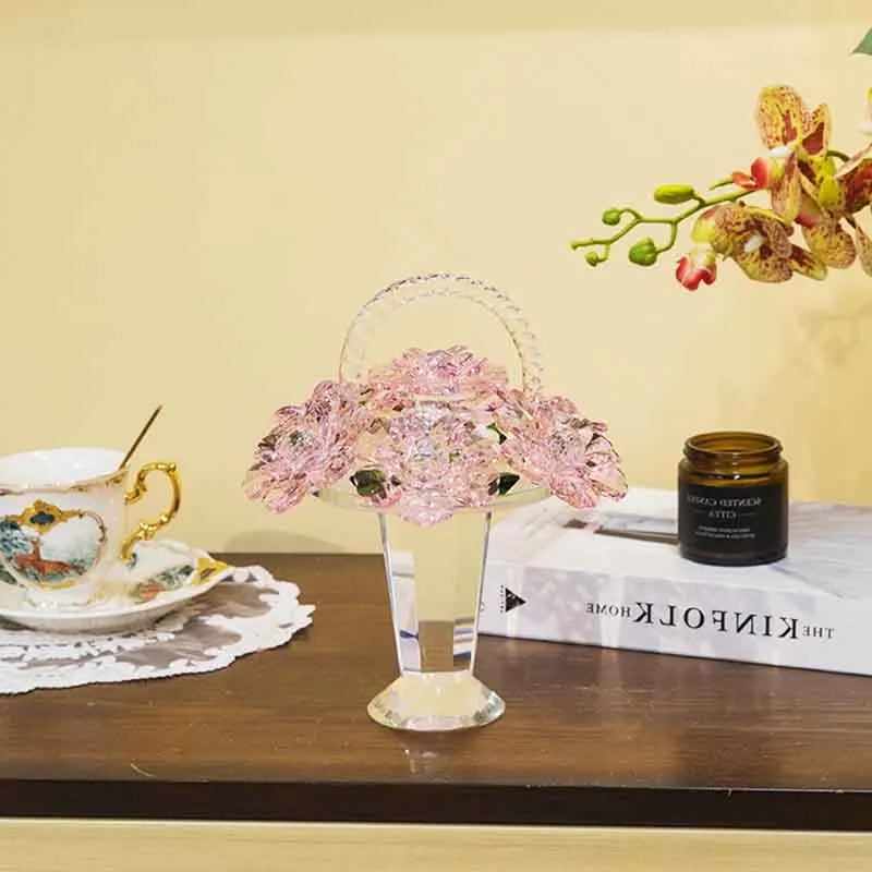 Modern Crystal Flower Basket Sculpture for Tabletop Decor