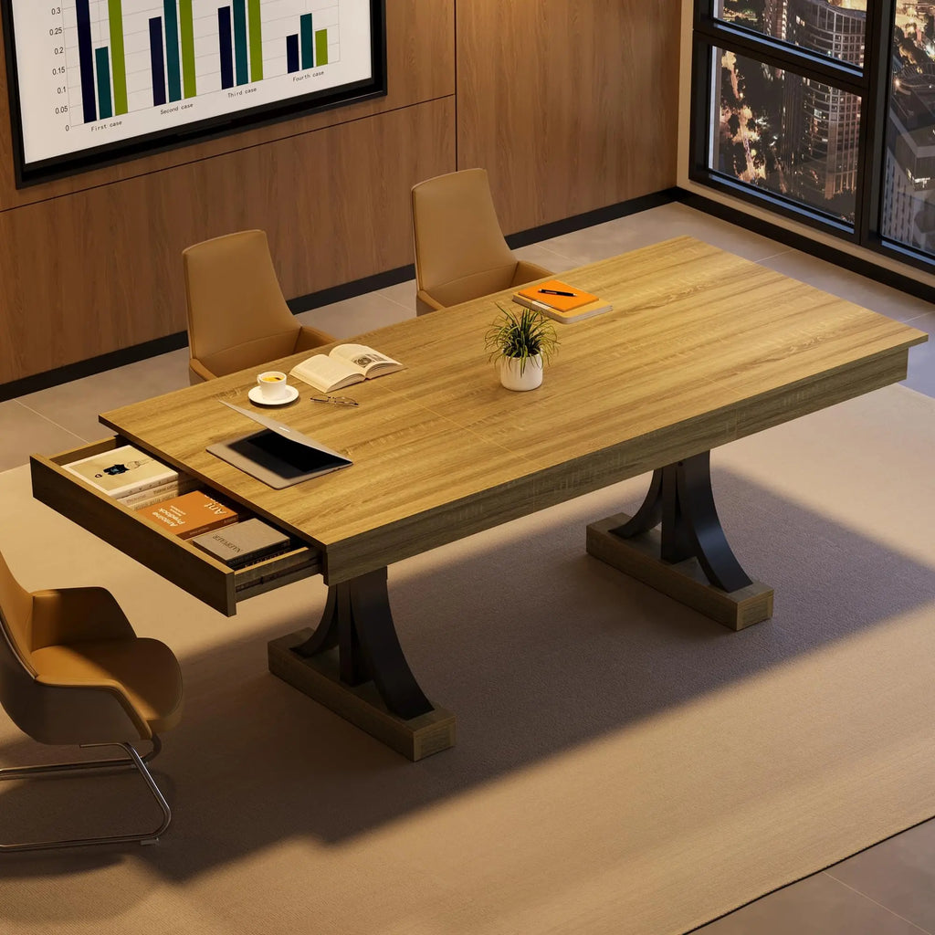 180.3cm Dining Table with 2 Drawers Industrial Rectangular Kitchen Table