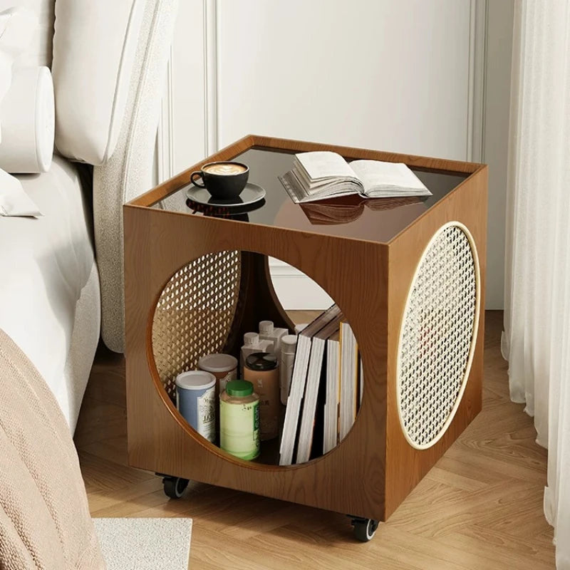 Round Rattan Glass Top Storage Coffee Table for Living Room