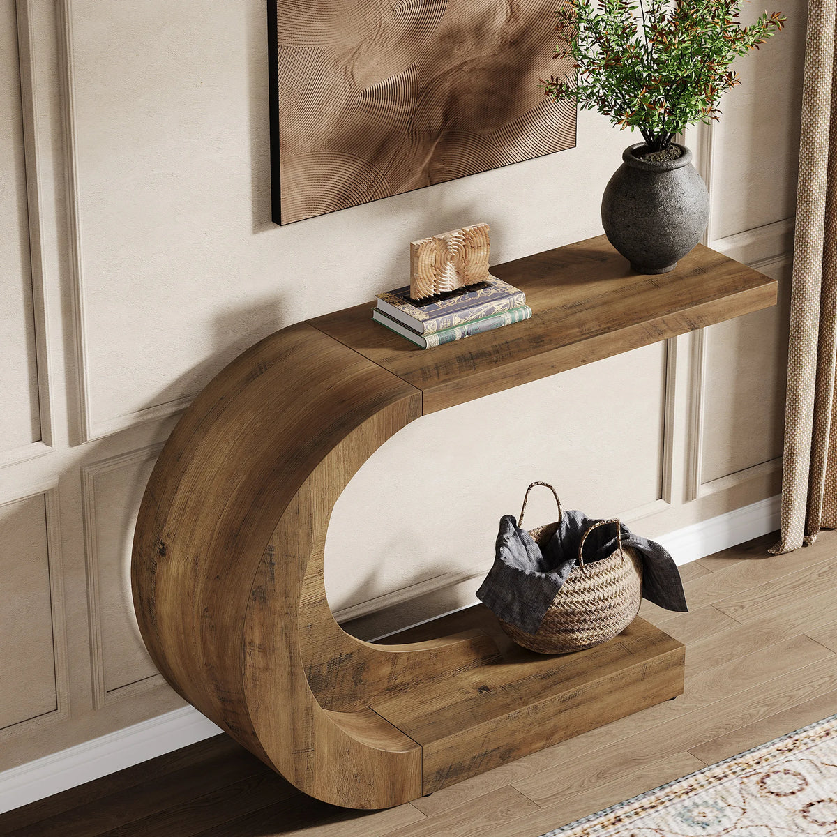 Modern 110 cm C-Shaped Console Table Entryway Sofa Table Behind Couch Living Room Hallway Brown