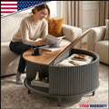 80cm Modern Round Wooden Coffee Table with Curved Sliding Door Storage