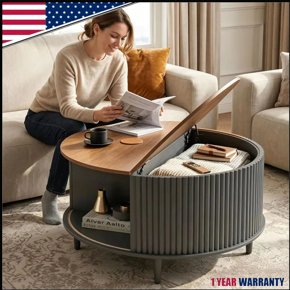 80cm Modern Round Wooden Coffee Table with Curved Sliding Door Storage