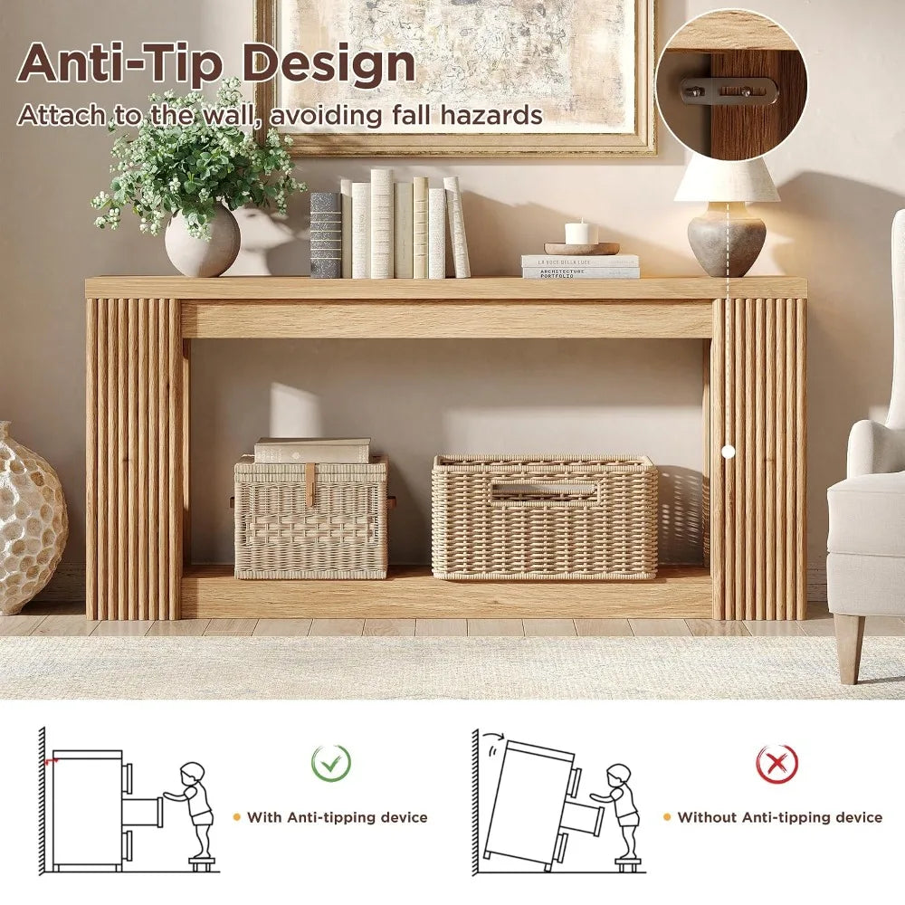 180 cm Fluted Wooden Console Table with Storage Rectangular Behind Couch Entryway Furniture