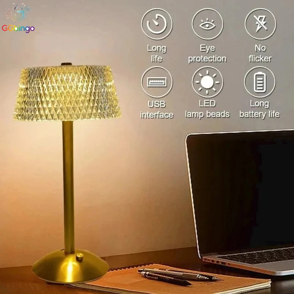 Rechargeable Crystal LED Table Lamp Touch Control Gold Night Light