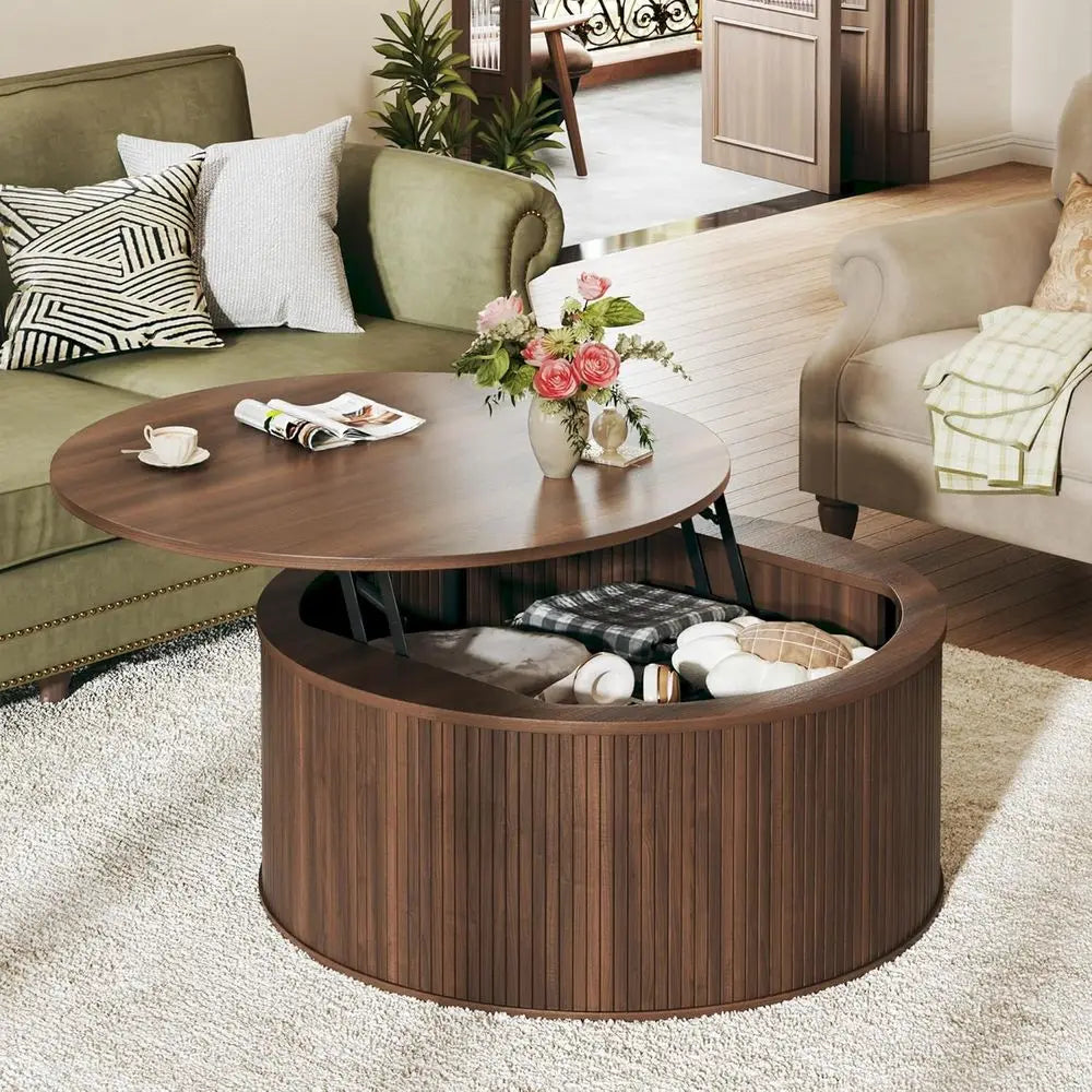 80cm Modern Round Lift-Top Coffee Table Rustic Wood Walnut with Storage