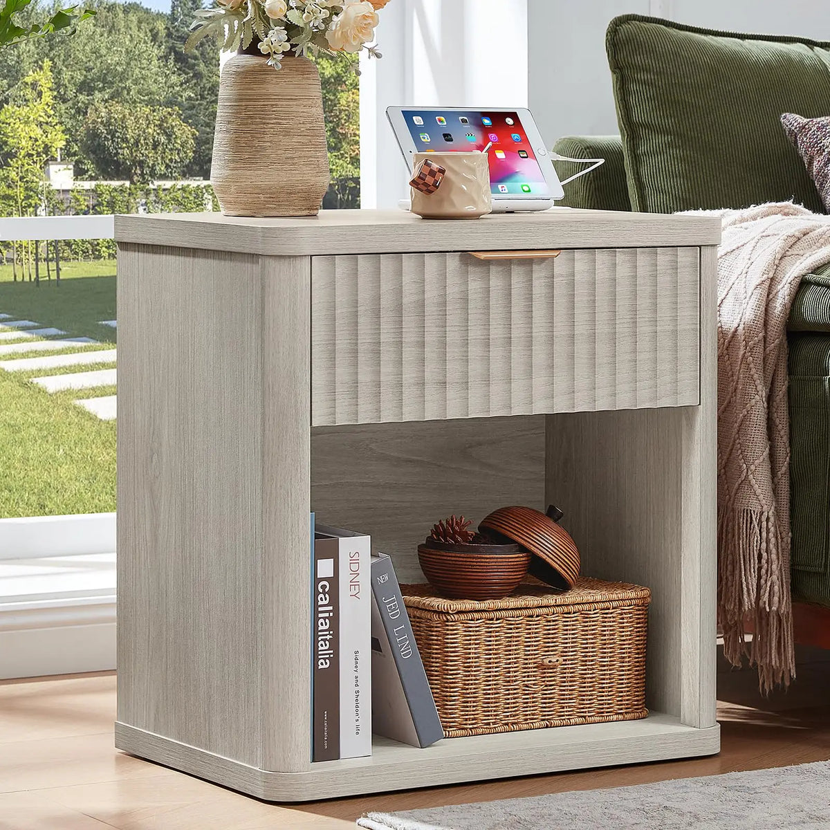 58cm Fluted Farmhouse Nightstand with Drawer Charging Station End Table