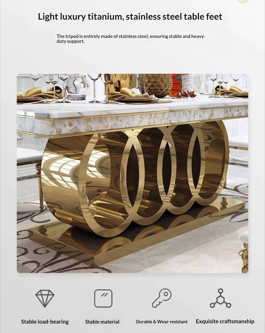 160cm Modern Dining Table Set with 6 Chairs Gold Metal Base Marble Top