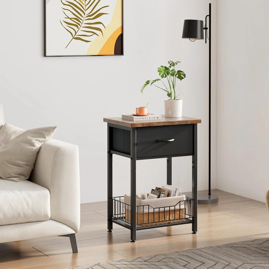 Modern Wooden Nightstand End Table with Open Shelf and Fabric Drawer