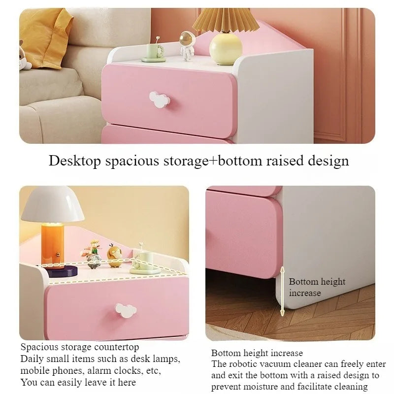 Modern Kids Bedside Table Cute Cream Style Bedroom Storage Locker Nightstand