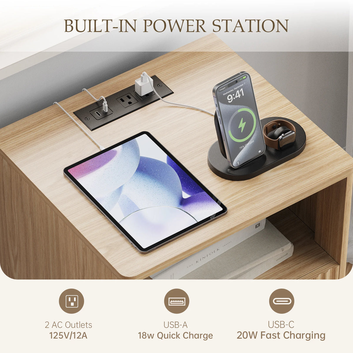 Fluted Wooden Nightstand with USB-C Charging Station and Open Shelf
