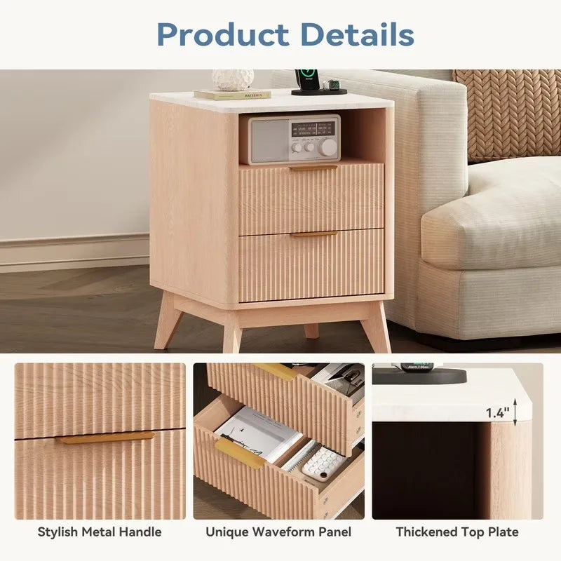64cm Modern Nightstand with 2 Drawers Charging Station Faux Marble Top