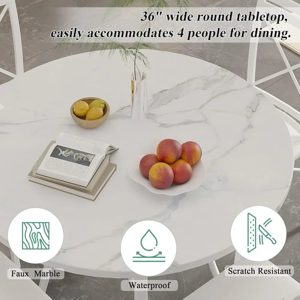 36" Round Marble Dining Table for 4 with Metal Frame White
