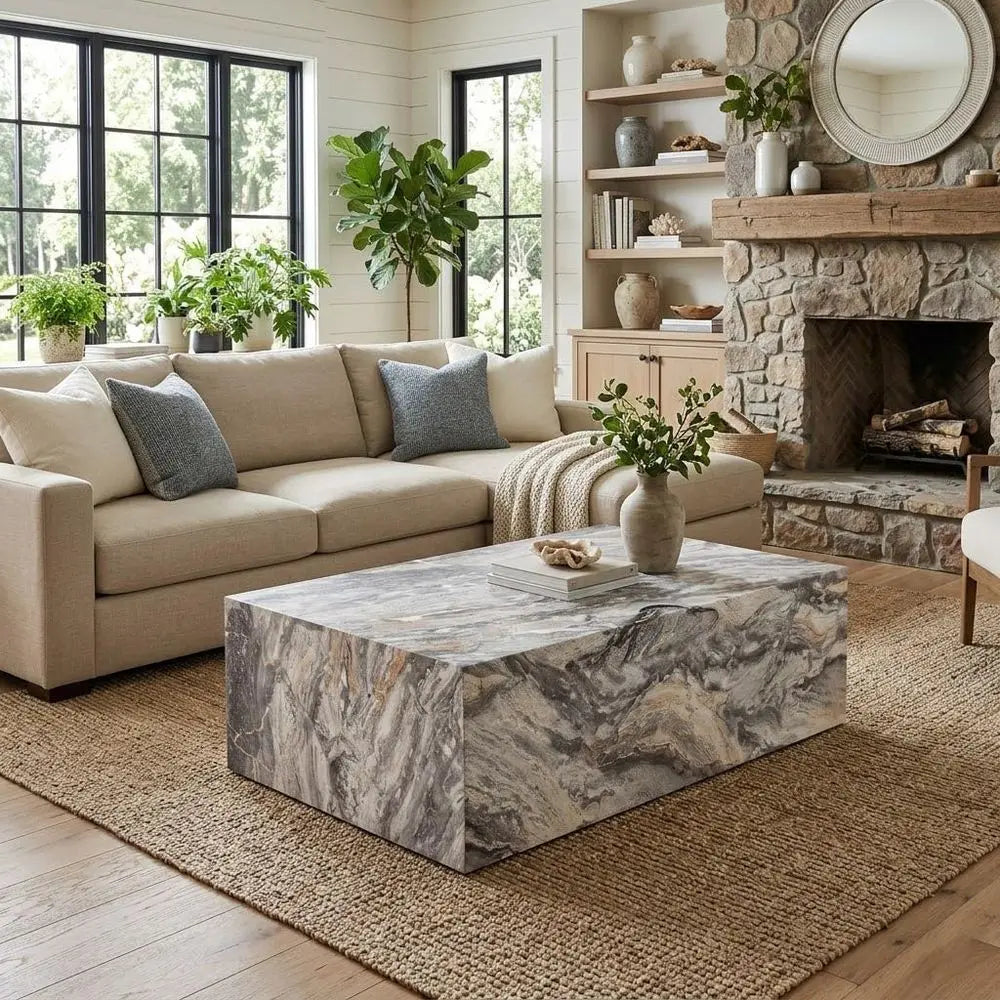 100cm Modern Rectangular Coffee Table Faux Grey Marble Wood Base