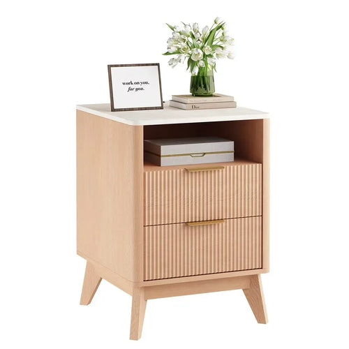 64cm Modern Nightstand with 2 Drawers Charging Station Faux Marble Top
