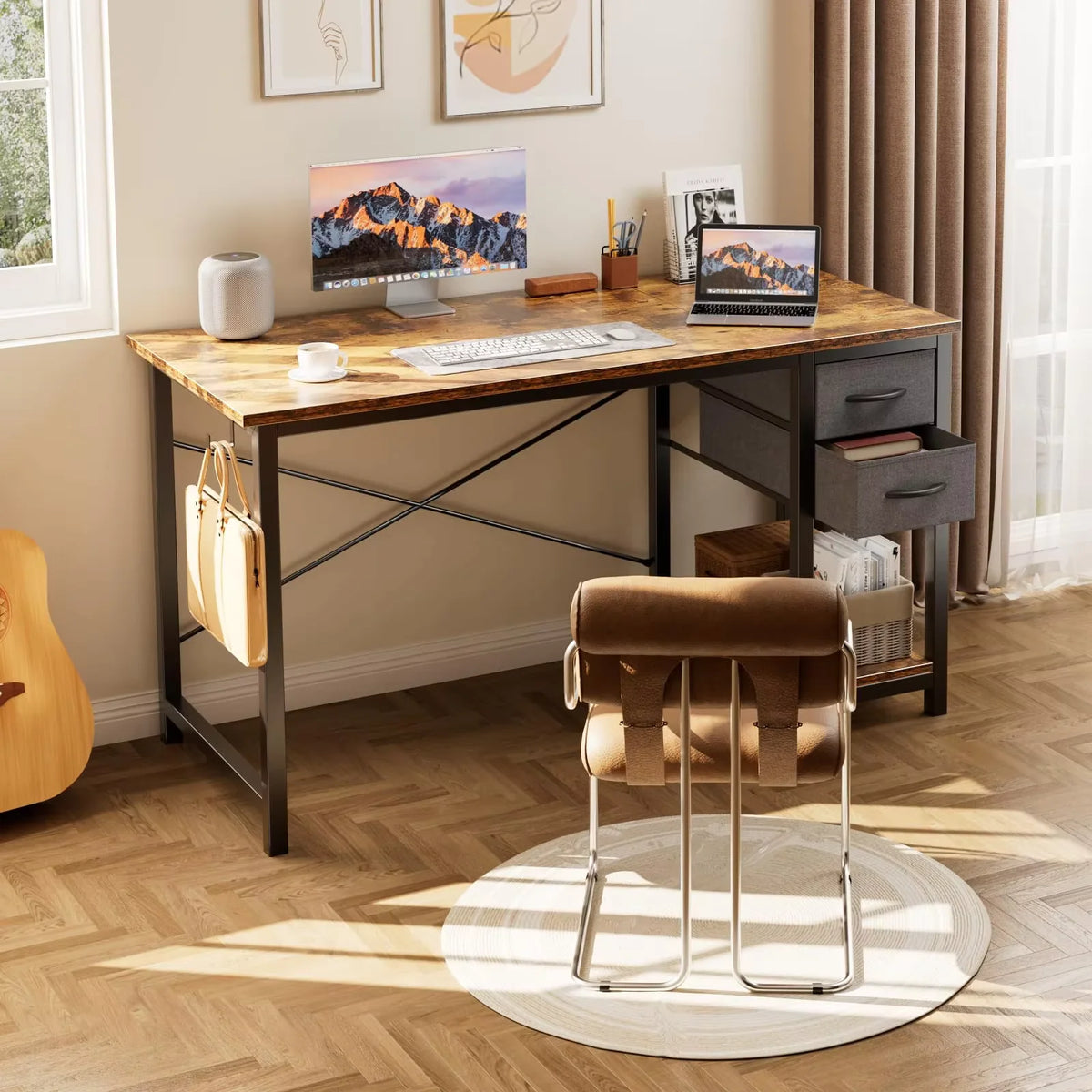120 cm Computer Desk with 2 Drawers Study Office Gaming Table Adjustable Position Modern Work Table