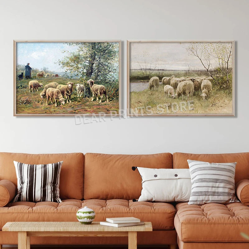 Vintage Sheep Landscape Canvas Painting Poster for Home Decor