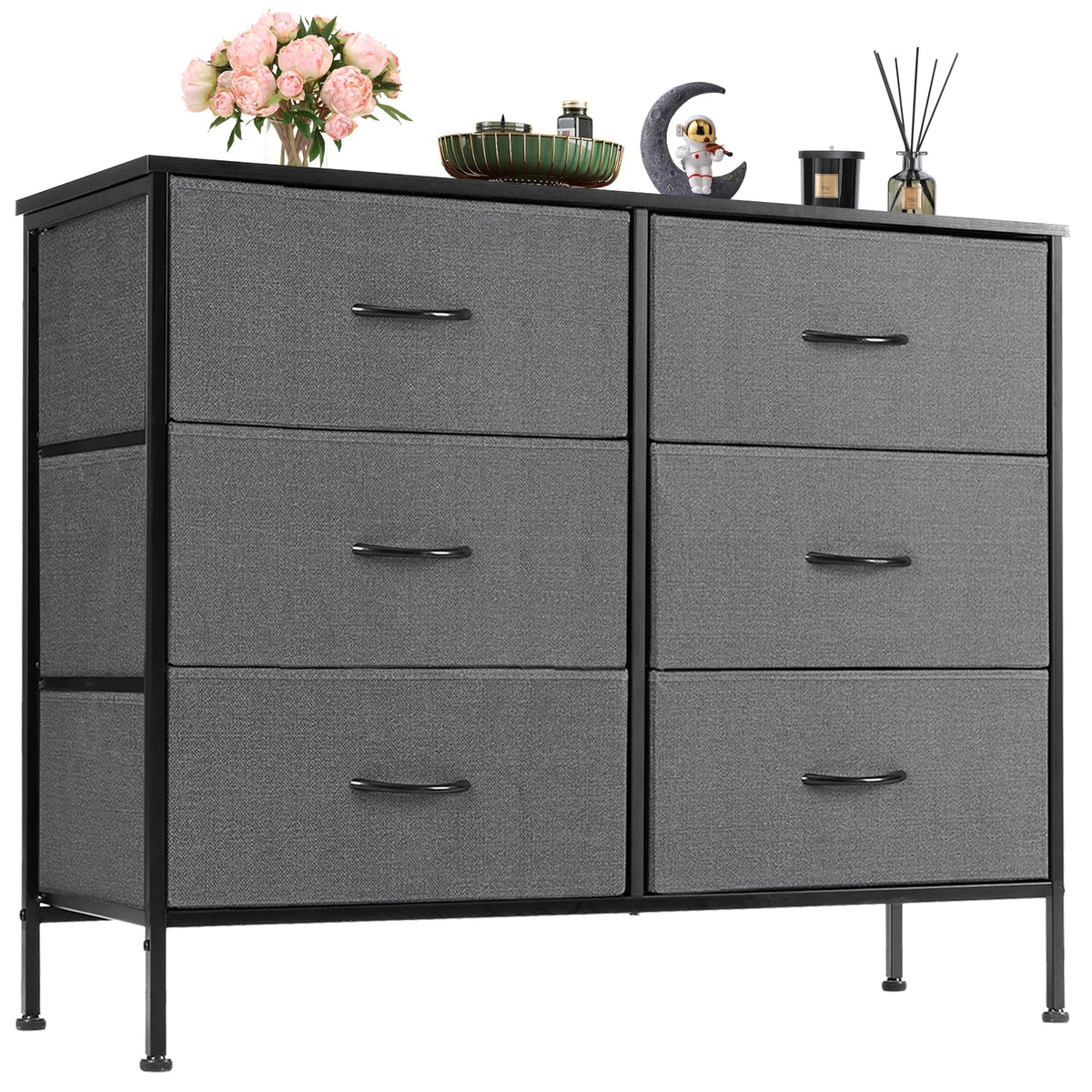 6-Drawer Fabric Nightstand Bedside Table with Metal Frame and Wooden Top