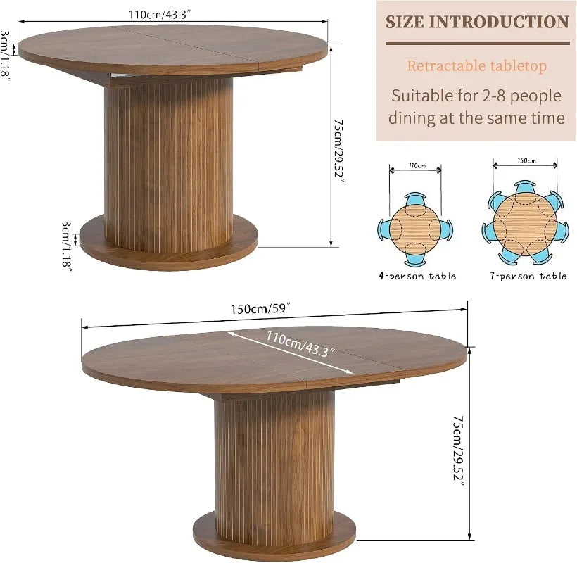 110-150cm Modern Farmhouse Round Dining Table for 4-6 People Adjustable Size
