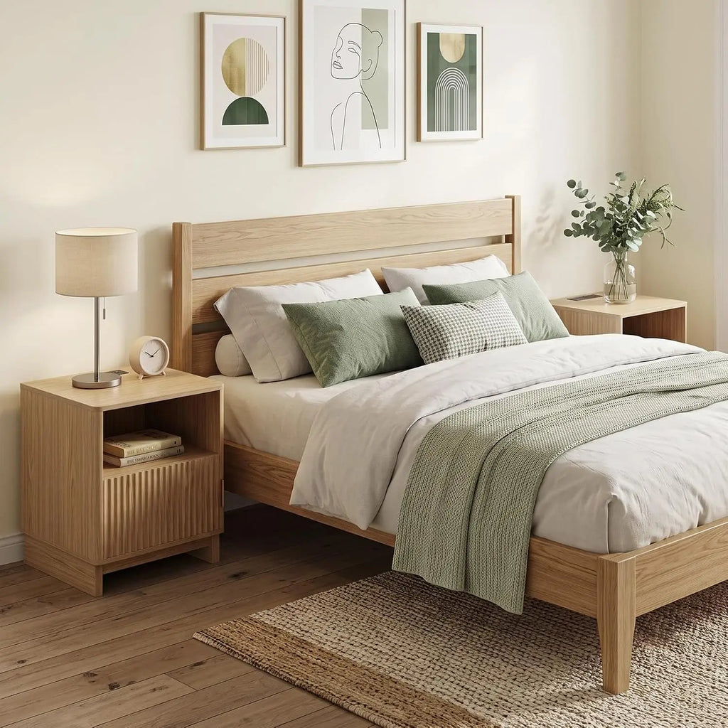 Fluted Wooden Nightstand with USB-C Charging Station and Open Shelf