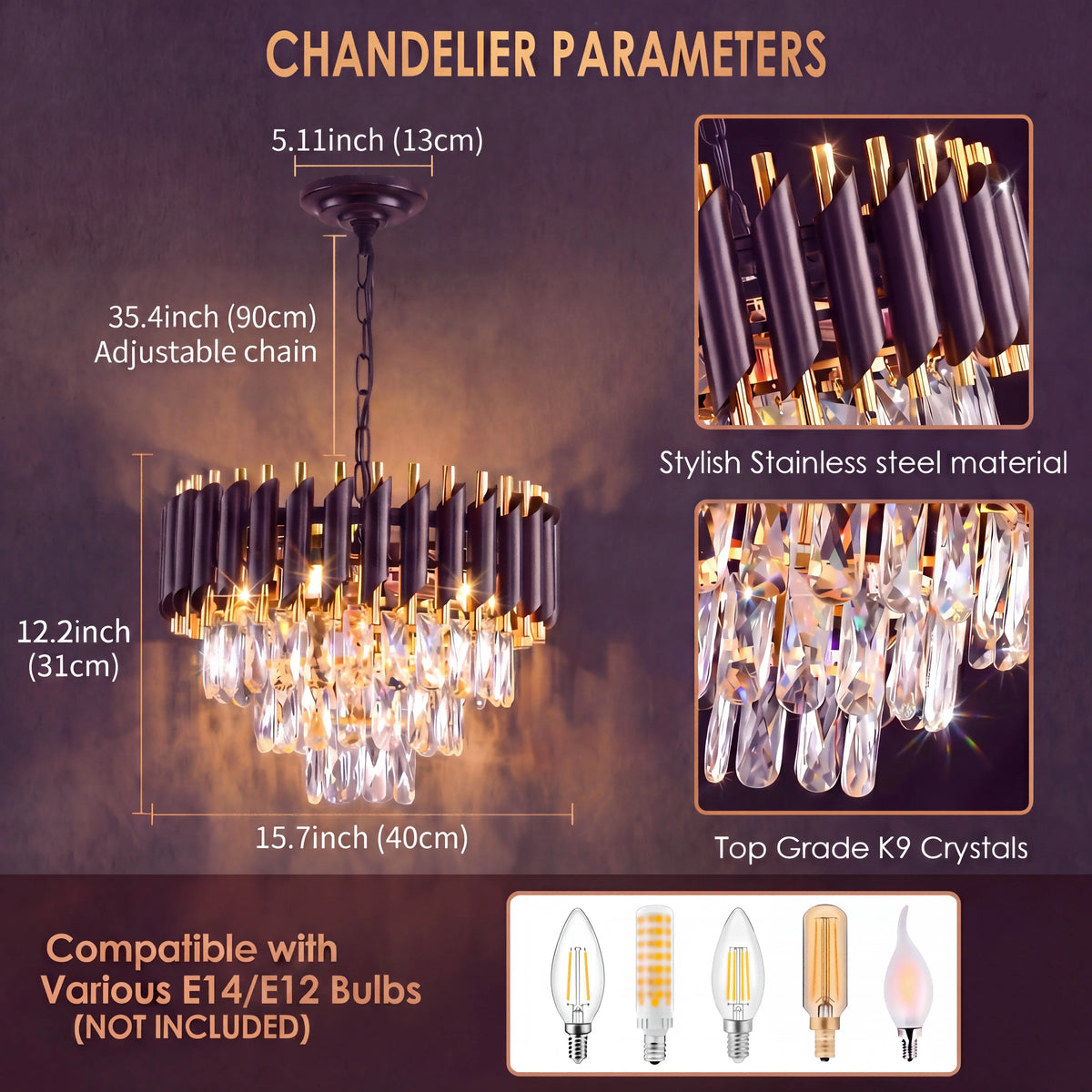 Modern Black and Gold Crystal Chandelier Hanging Ceiling Light Fixture