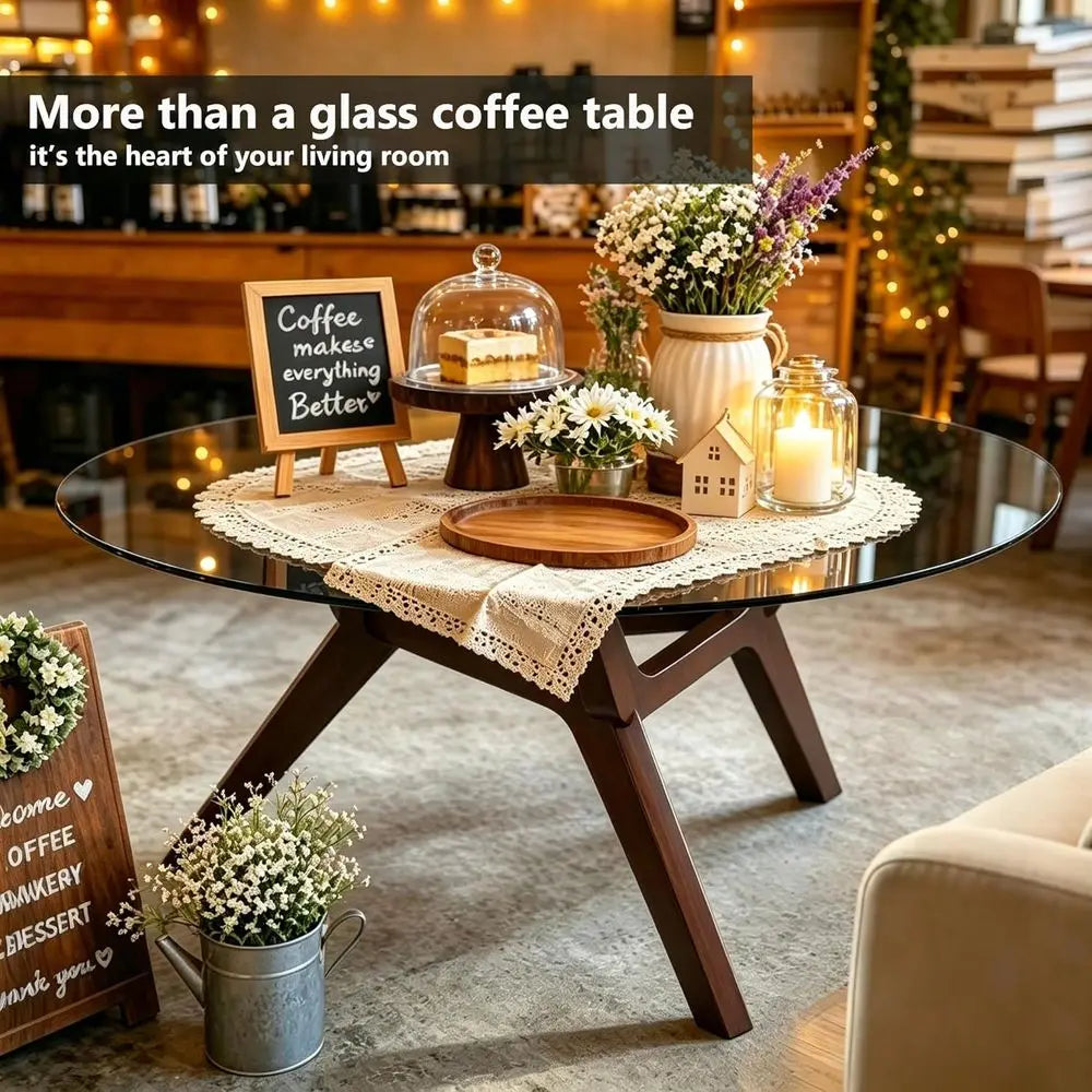 80cm Modern Round Clear Tempered Glass Coffee Table Walnut Wood Base