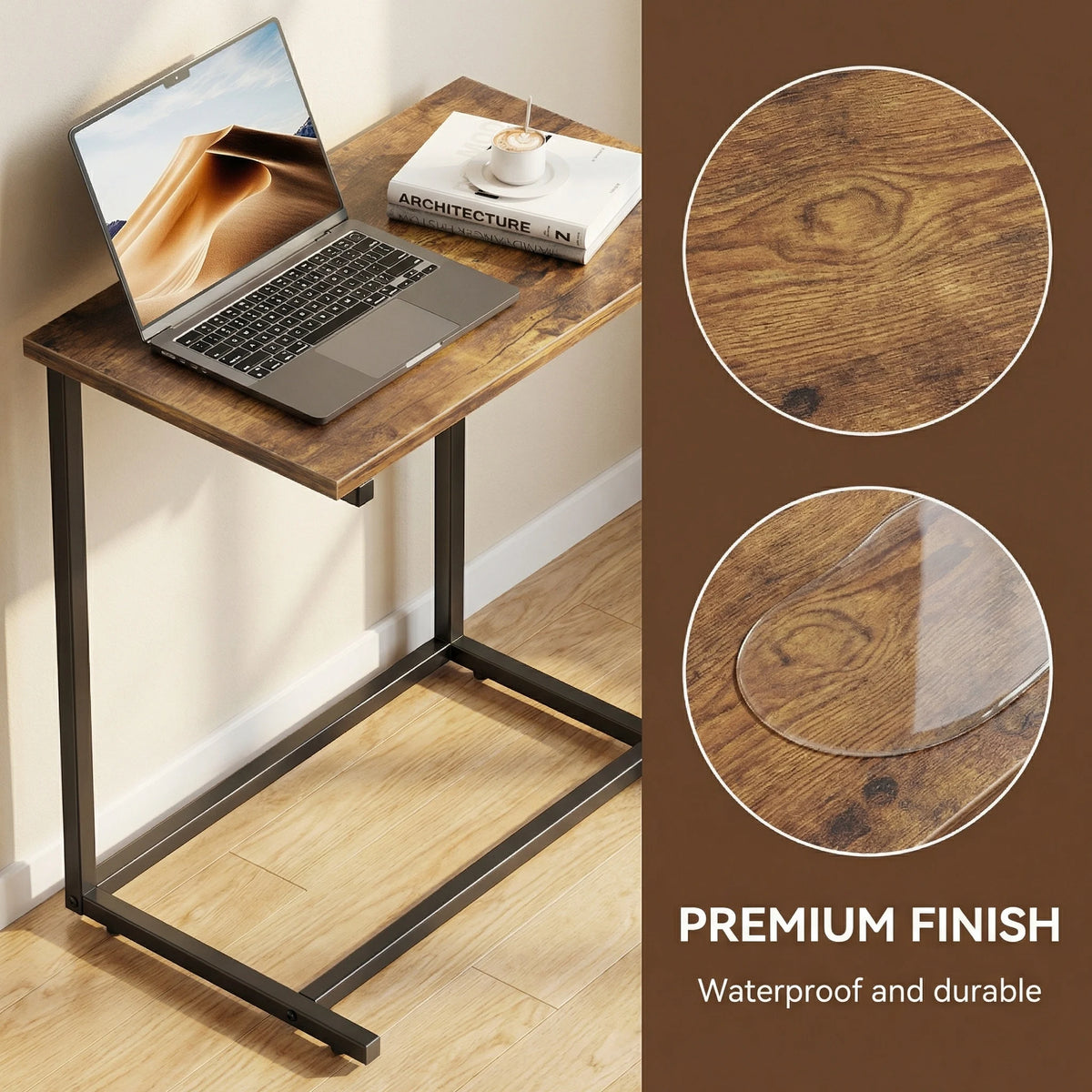 C-Shaped Metal Frame Wooden Side Table 68.6 cm High