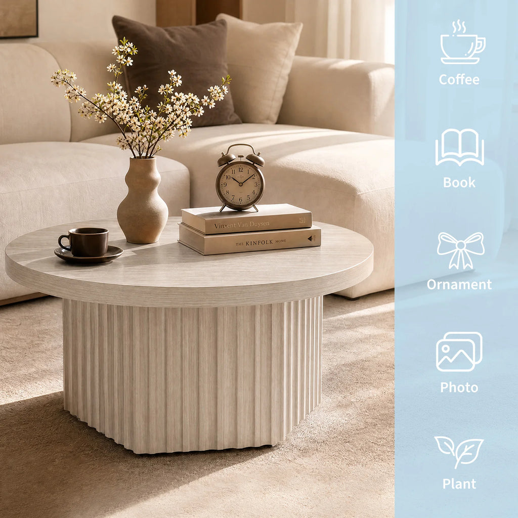 80 cm Round Fluted Drum Coffee Table with MDF Top for Living Room Apartment