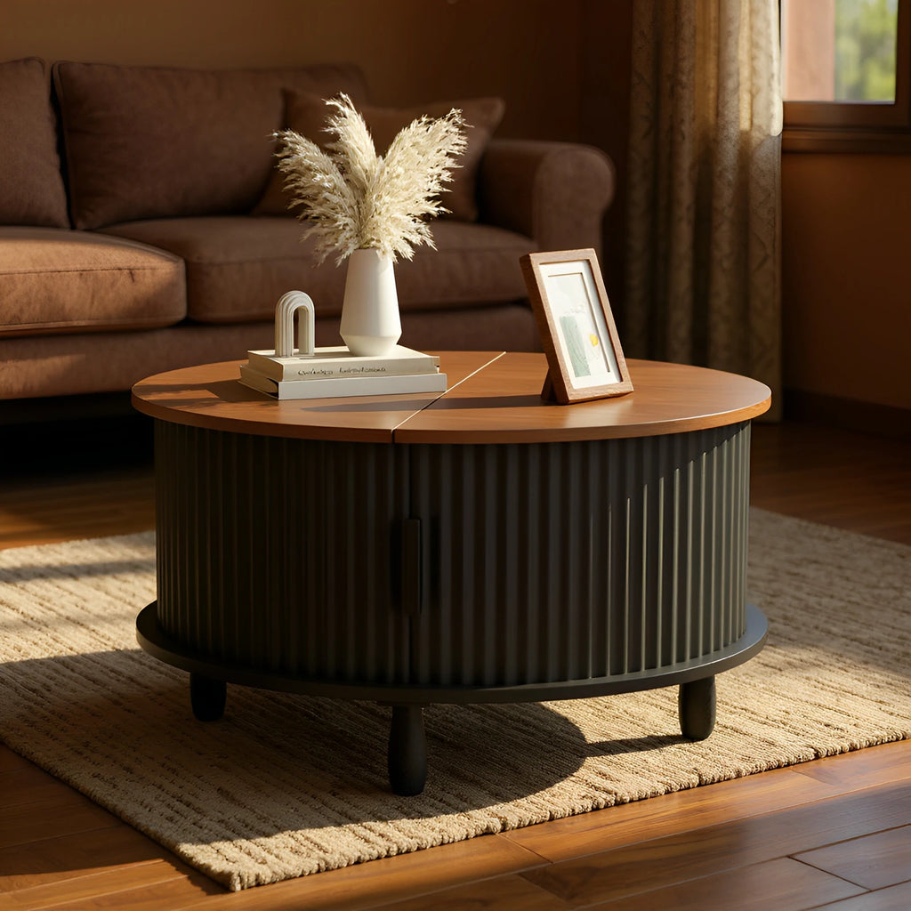 80cm Modern Round Wooden Coffee Table with Curved Sliding Door Storage