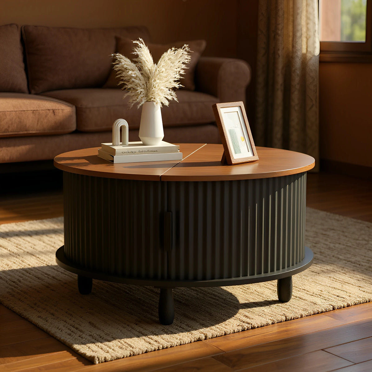 80cm Modern Round Wooden Coffee Table with Curved Sliding Door Storage