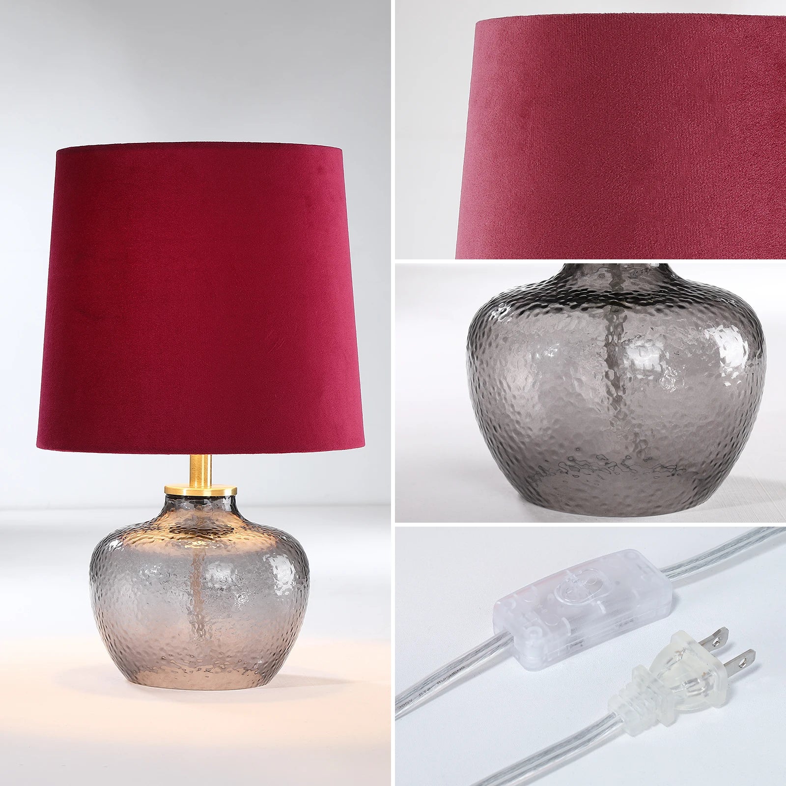 Modern Minimalist 15-Inch Glass Table Lamp Smoky Gray Velvet Red Shade