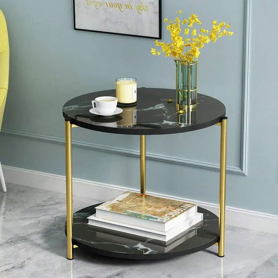 56cm Modern Round Coffee Table 2-Tier Side Table with Metal Frame
