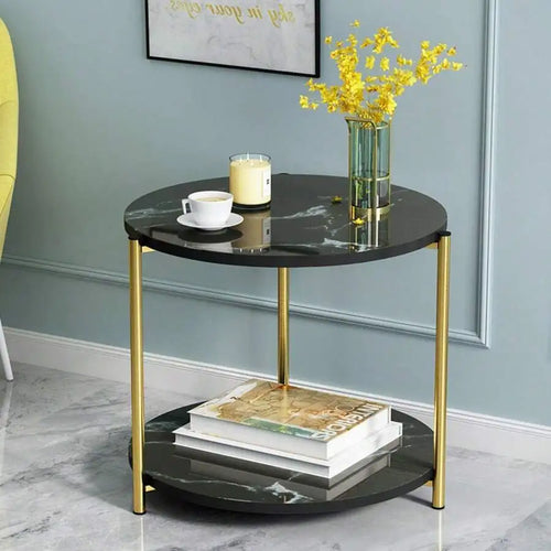 56cm Modern Round Coffee Table 2-Tier Side Table with Metal Frame