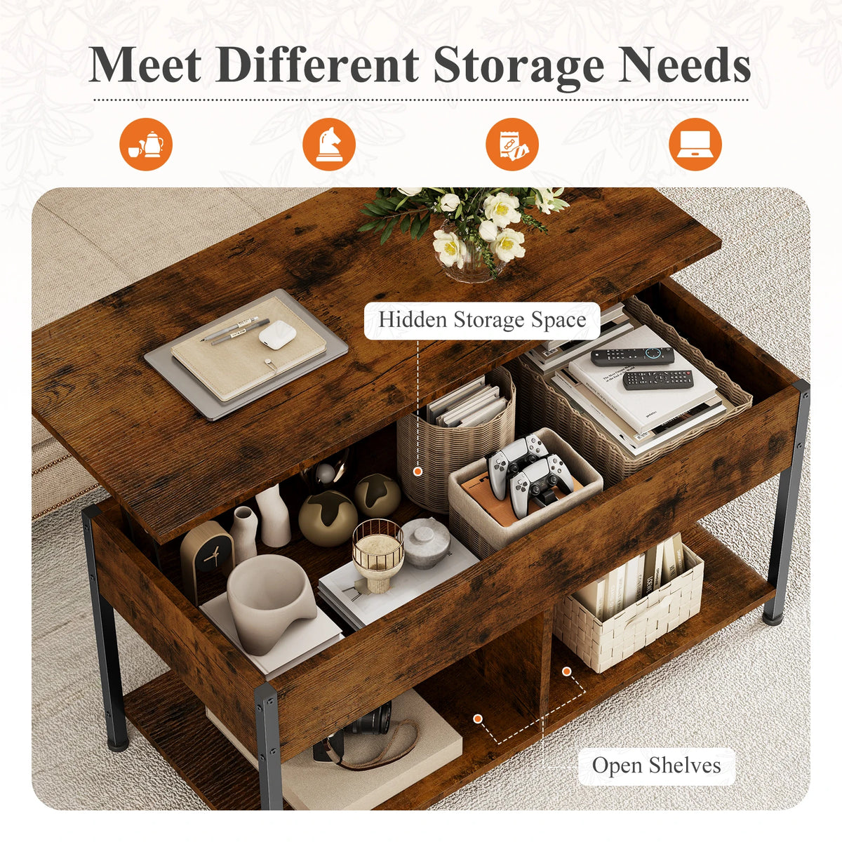 99cm Modern Lift-Top Coffee Table Wooden Living Room Storage Table