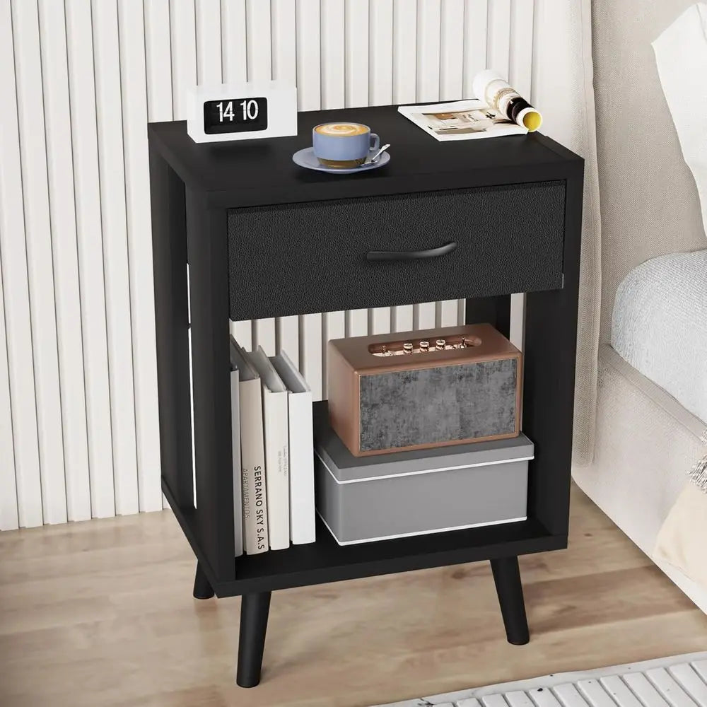61cm Nightstand Set of 2 with Fabric Drawers Bedside Table Black