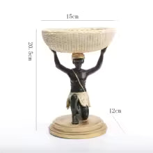 African Man Statue Resin Storage Basket Tray for Home Decor