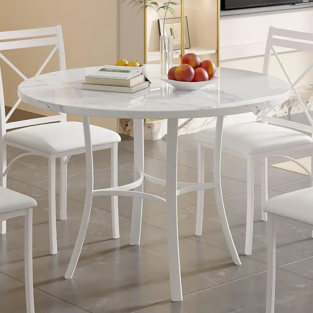 36" Round Marble Dining Table for 4 with Metal Frame White
