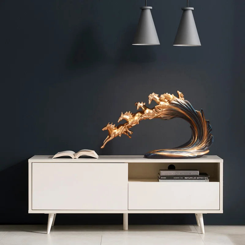 Modern Luxury Running Horses Resin Statue Tabletop Ornament for Home Decor