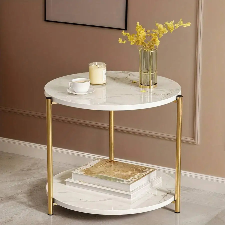 56cm Modern White 2-Tier Round Side Table with Wooden Frame