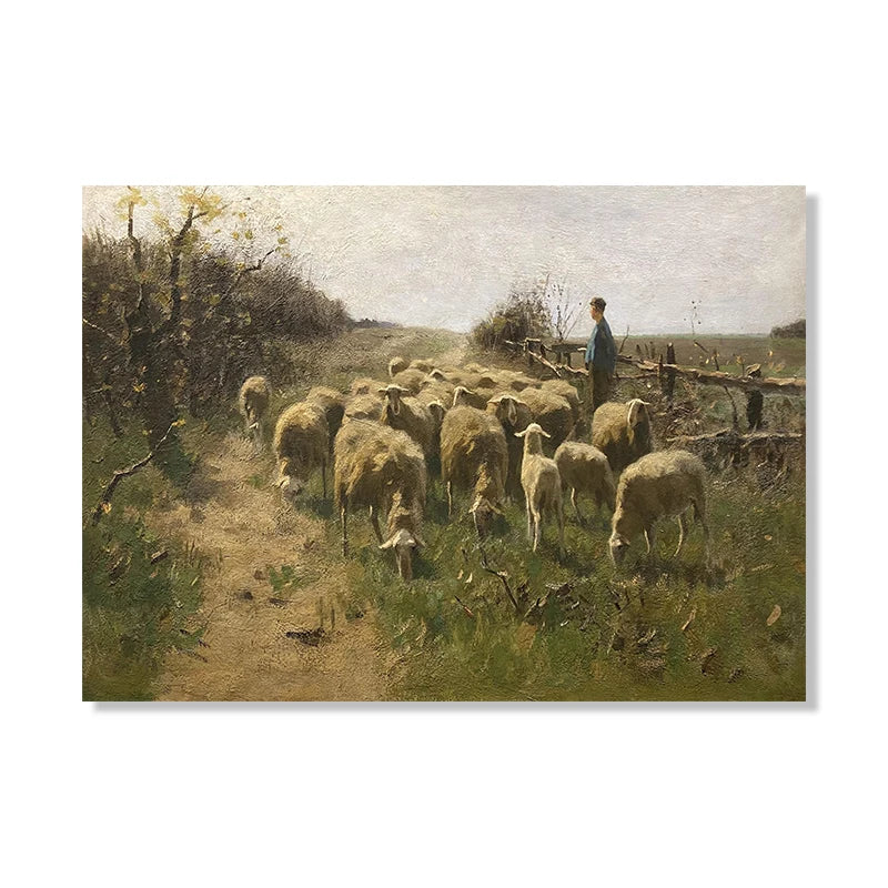Vintage Sheep Landscape Canvas Painting Poster for Home Decor