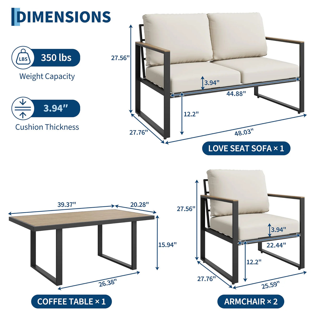 4-Piece Patio Conversation Set with Coffee Table and Washable Cushions