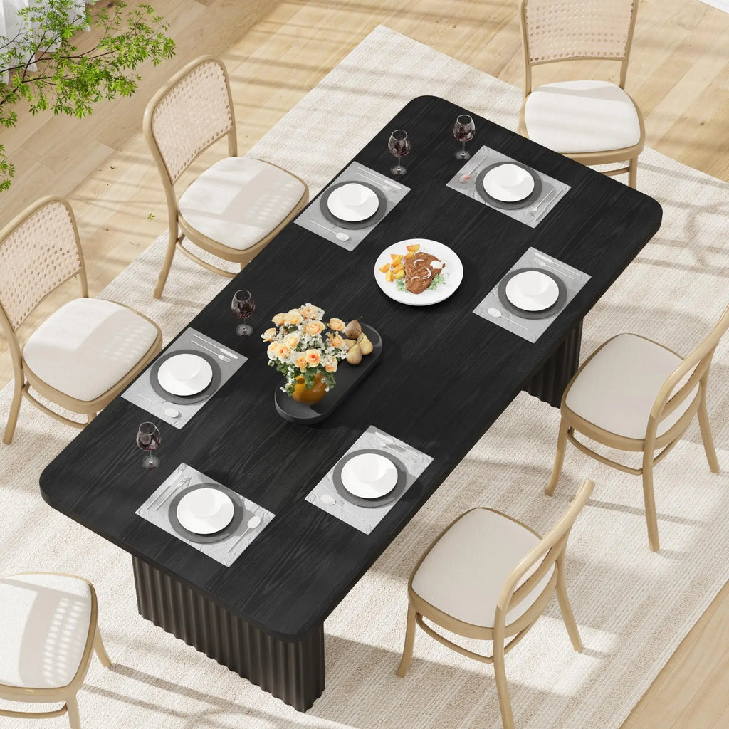 Modern Rectangular Dining Table with Wooden Top and Fluted Metal Legs