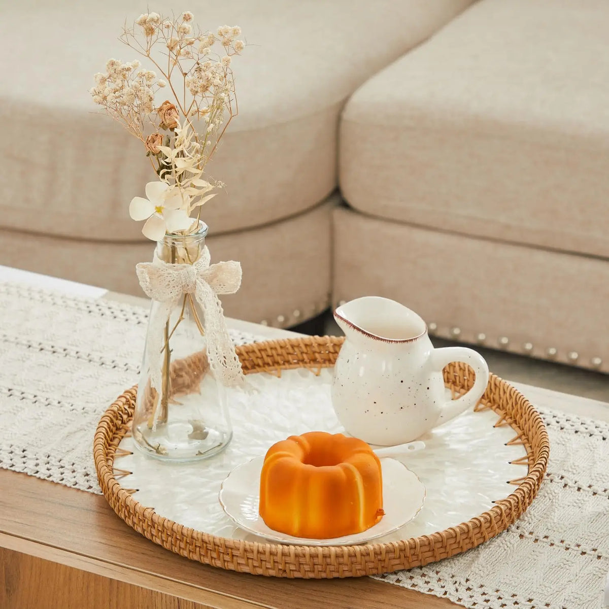 Nordic Round Rattan Inlay Fruit Plate Storage Tray Home Decor