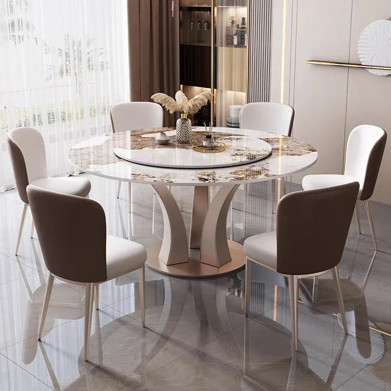 Modern Round Dining Table with Turntable Minimalist Stainless Steel Base