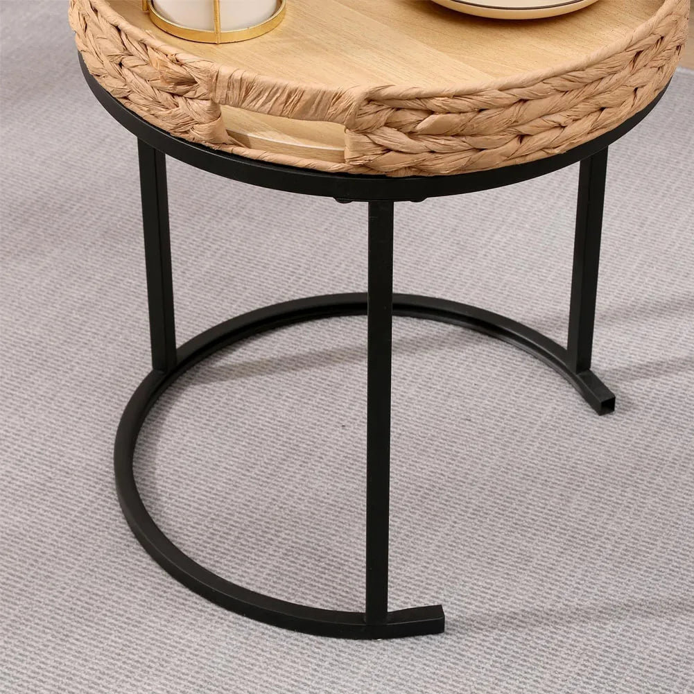 2-Piece Hand-Woven Rattan Nesting Tables Round Side Tables 40x46 cm