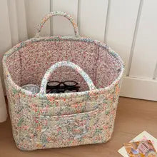 Vintage Floral Quilted Storage Basket With Handle for Home Decor