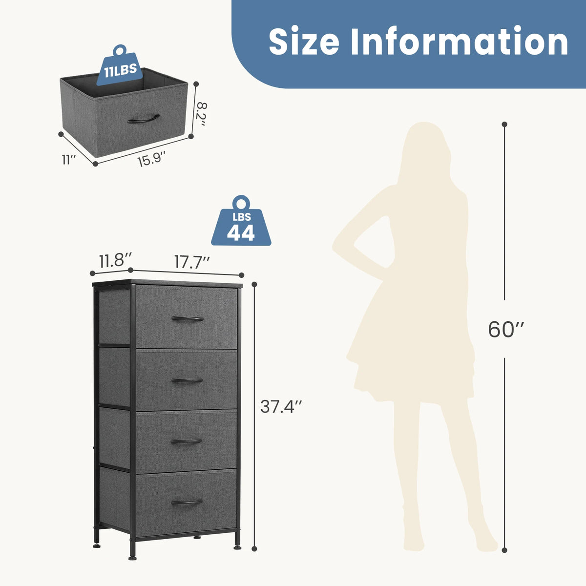 94cm Bedroom Dresser with 4 Fabric Drawers Steel Frame Storage Cabinet