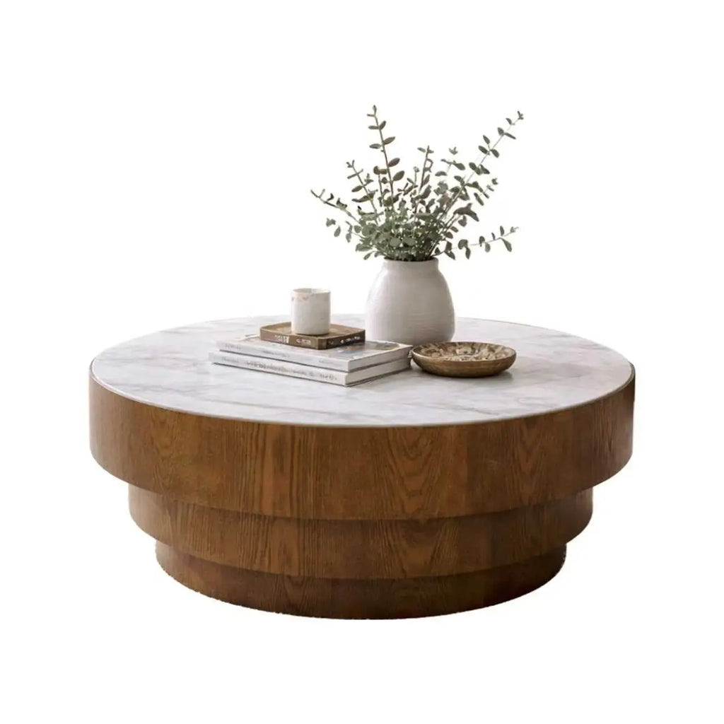 80 cm Modern Round Coffee Table with Sintered Stone Top Wood Veneer Tiered Base Living Room Furniture