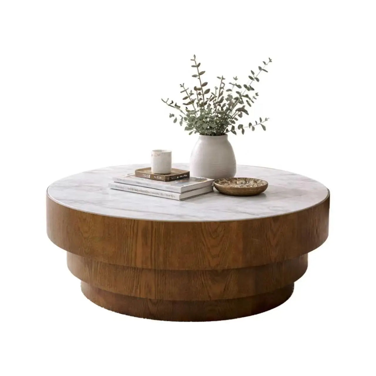 80 cm Modern Round Coffee Table with Sintered Stone Top Wood Veneer Tiered Base Living Room Furniture