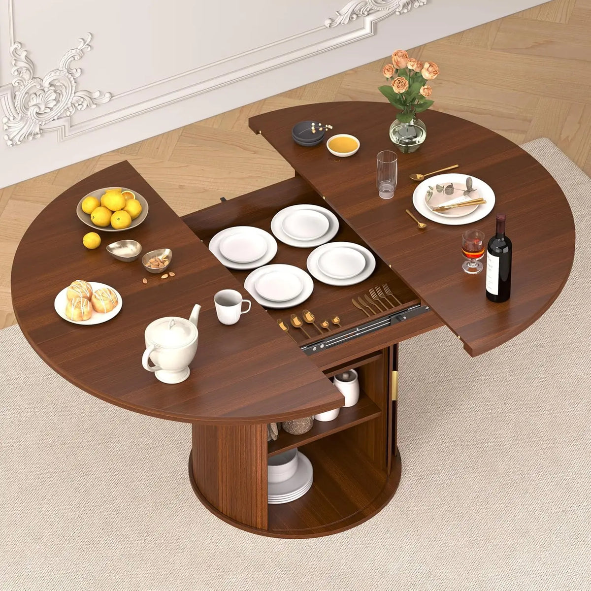 Modern Extendable Round Dining Table with Storage Cabinet