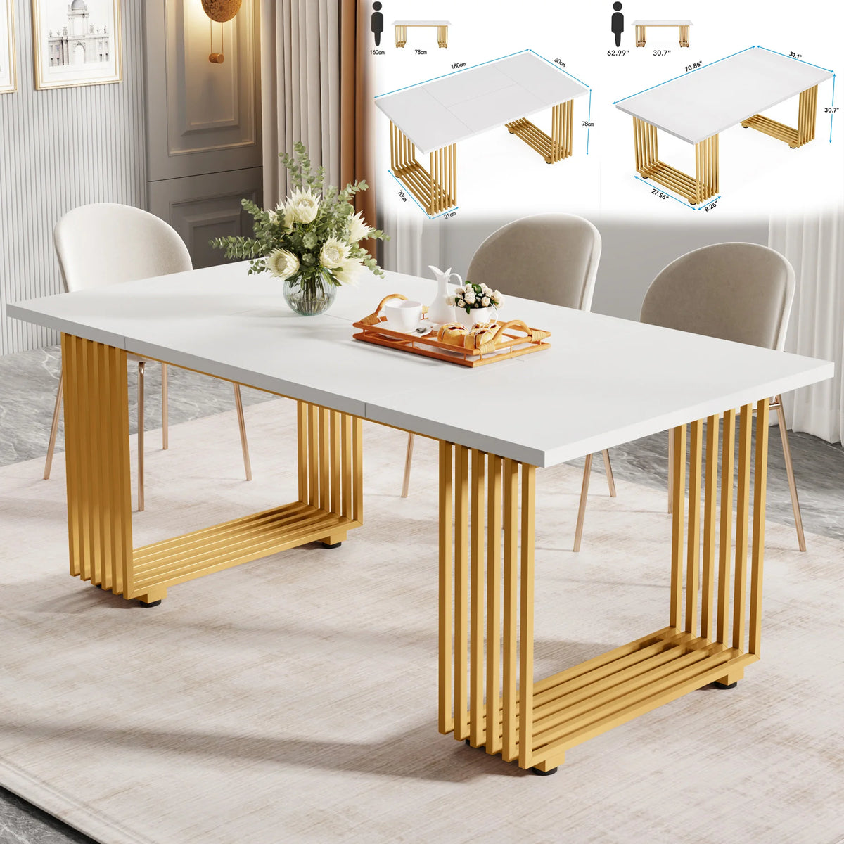 Modern Rectangular Dining Table with Faux Marble Top and Metal Base